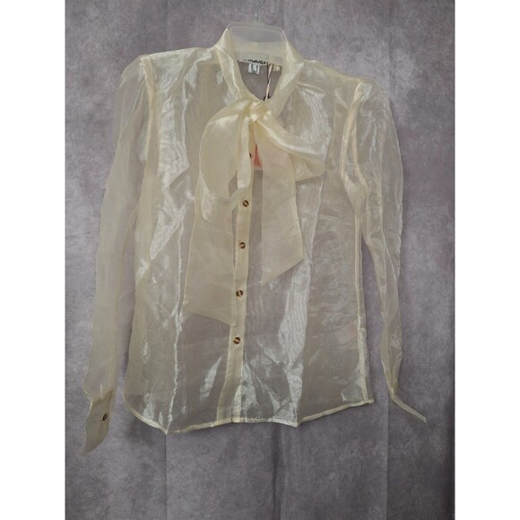 Unique 21 Pussybow Sheer Organza Blouse Sz 4 Button Up Long Sleeve Coquette - Picture 3 of 15